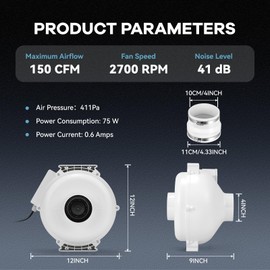 Crispaire 4 inch 150CFM White Radon Mitigation Duct Fan Kit IP67 Waterproof, 2700RPM Ultra-Quiet and Energy-Efficient Ventilation for Indoor/Outdoor Use