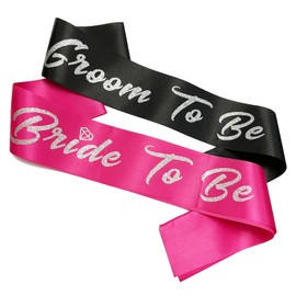Bride and Groom to Be Sash Set, Black and Hot Pink Satin Soft Sashes with Silver Glitter Letter for Bridal Shower Engagement Bachelorette Party Decorations Supplies