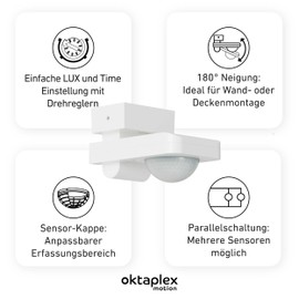 Oktaplex Tea Outdoor Motion Detector 360 Degree White Swivelling IP65 Infrared Motion Sensor 9 m Range 230 V Surface-Mounted