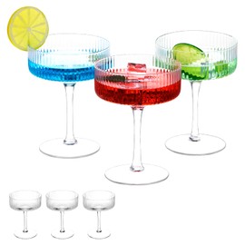 QWORK 6 Pcs Ribbed Cocktail Glasses,10 oz Classic Hand-Blown Crystal Martini Glass Set in Gift Box