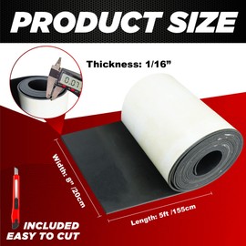 PAMAZY Neoprene Rubber Sheet Roll 1/16" Thick x 8" Wide x 5Ft Long with Adhesive Backing (Including Utility Knife), Heavy Duty Self Rubber Seal Strips Roll for DIY Gaskets, Flooring, Seals