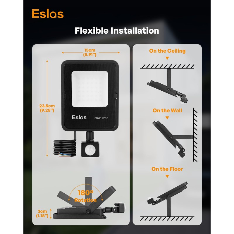 Eslas Upgrade 50W Motion Sensor Outdoor Security Light, 5000LM Floodlight