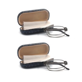 EYE ZOOM 2 Pairs Compact Rectangular Metal Folding Reading Glasses with Hard Case Comfort Fit for Men and Women, Gunmetal Frame, Navy Blue Case, +2.25 Strength