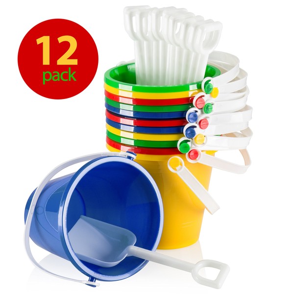 Top Race 5" Inch Beach Pails Sand Buckets and Sand Shovels Set for Kids | Beach and Sand Toys at The Beach | Use for Sand Molds at The Sandbox (Pack of 12 Sets)