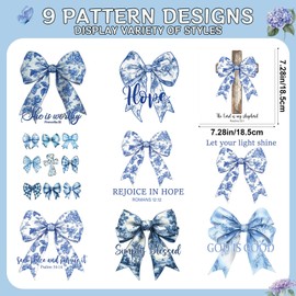 Falueqg Blue Bow Iron on Transfer - 9Pcs Dtf Transfers Ready to Press, Bible Verse Bowknot Iron on Decals Patches for Tshirts, Coquettee Heat Transfer Stickers for Clothes Bags Hats DIY Crafts