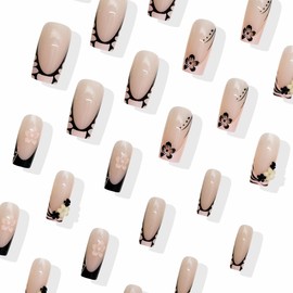 BABALAL Press on Nails Medium Square Fake Nails Black French Tip Glue on Nails Pink Y2k Acrylic Nails with Flower Charm Handmade False Nails 24Pcs Gothic Squoval Full Cover Stick Nails for Women Girls