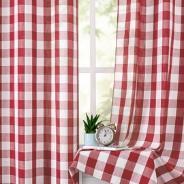Amzdecor - Cortinas traslúcidas con ojales a cuadros de 84 pulgadas de longitud, filtrado de luz, cortinas traslúcidas con textura a cuadros para sala de estar, recámara, 2 paneles (40 x 54 pulgadas, rojo y blanco)