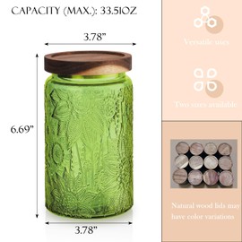 TkoYuHm Glass Mason Jars with Airtight lids Decorative Vintage Food Storage Container with Embossed Crabapple Blossom Clear Green Kitchen Canister for Coffee Tea Cookie (Green Floral, Large)