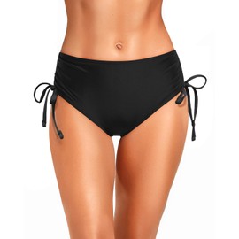 Zmart Women Full Coverage Bikini Bottom Adjustable Side Tie Swim Bottom with Side Ruched Mid Rise Bathing Swimsuit Black L