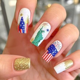 Independence Glue on Nails Long Square Press on Nails 4th of July Nails Press ons Statue of Liberty Flag Stars Design Gold Glitter Glue on Nails White July 4th Fake Nails Glossy Stick on Nails 24Pcs