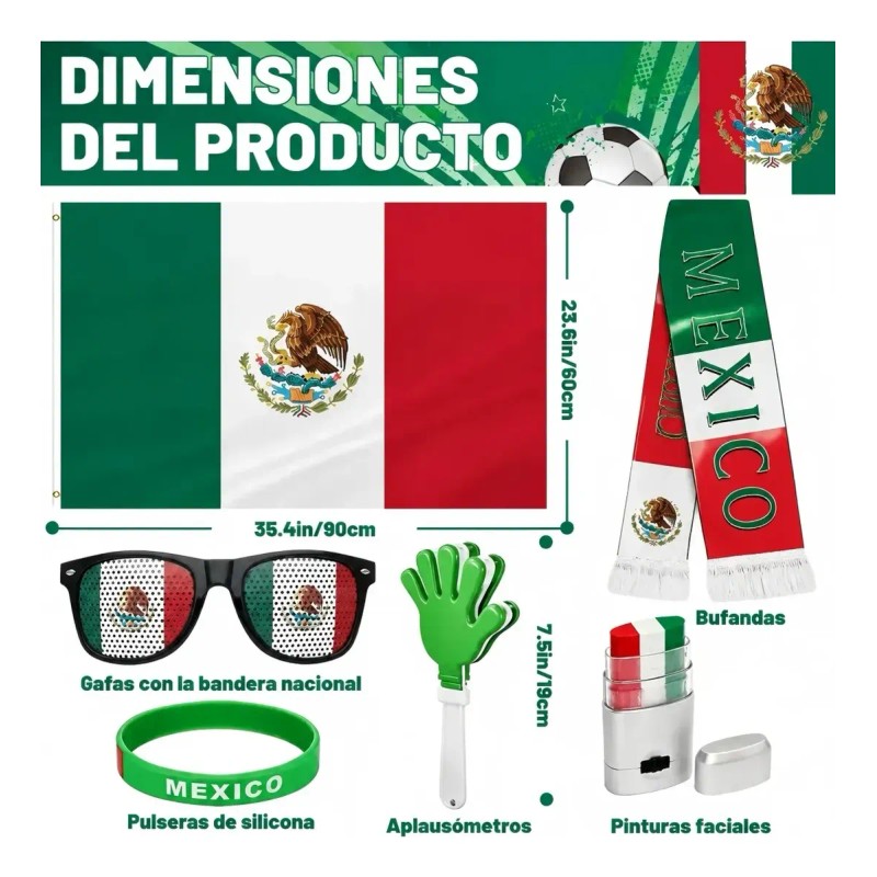 Set 6 Piezas Hincha Mexicano, Kit Para Futbol Y Celebracione