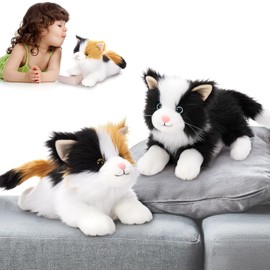 MorisMos Cat Teddy Set, 2pcs 42cm Realistic Kitten Soft Toy, Cuddly Fluffy Calico Cat Plush Toy, Kawaii Stuffed Animal Present for Boys Girls Girlfriend Birthday Deco