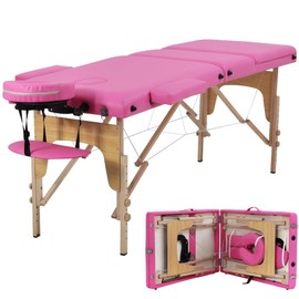 Massage Table Portable Massage Tables 3 Fold Spa Bed 73" L 24" W Inch Height Adjustable Salon Bed Lightweight Spa Table with Carry Case (Pink)