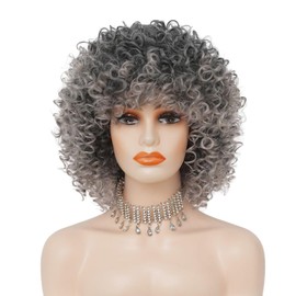 Grey Short Curly Wig for Black Women 70s 80s Afro Synthetic Kinky Curly Wig with Dark Roots for Daily Party Use
