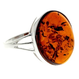 Silver Amber Jewellery - 925 Sterling Silver and Cognac Baltic Amber Classic Large Oval Stone Delicate Ring - UK Rng Size R - 7504R