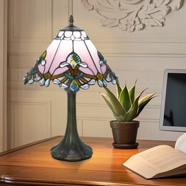 JHuiLap 12 Inch Tiffany Style Table Lamp, Baroque Stained Glass Lamp with Remote Control, Stepless Dimmable & 3 Color Temperatures, Desk Lamps for Bedroom Farmhouse Bedside Nightstand Bedside (Pink)