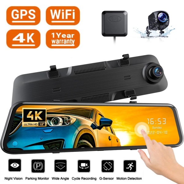 TOGUARD 12" WiFi Mirror Dash Cam 4K GPS Front/Rear Dual