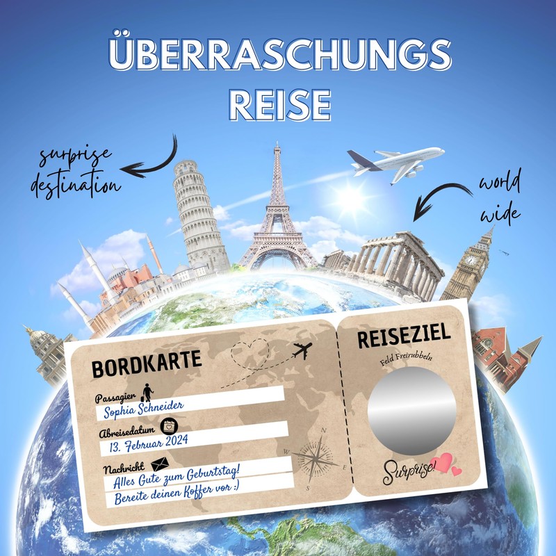 Travel voucher, scratch sticker, boarding pass, gift for couples, scratch