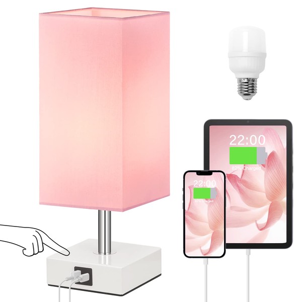 Ambimall Touch Control Table Lamp with USB A+C Charging Ports, 3 Way Touch Lamps Beside Desk, Nightstand Lamp for Bedrooms Living Room, Pink Shade with White Base, LED Bulb Included(Pink)