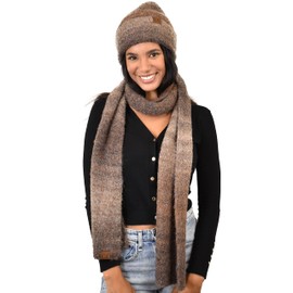C.C Unisex Eco-Friendly Recycled Yarn Wool Blend Convertible Beanie and Scarf Set, Brown Mix