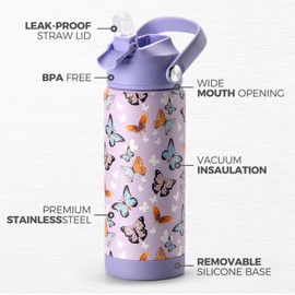 Choco Mocha Children's Stainless Steel Water Bottle with Straw for Boys Thermos Flask Children Leak-Proof Water Bottle Insulated Water Bottle for School BPA-Free 18 oz / 550 ml, Black Truck