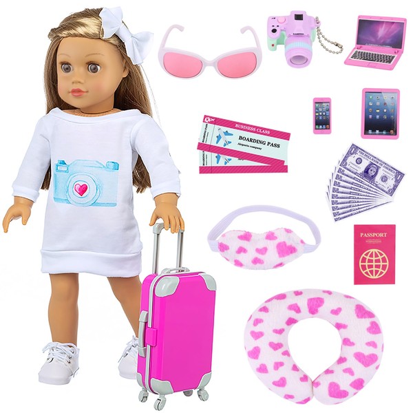 ZITA ELEMENT Doll Travel Suitcase 16 PCS=1 suitcase+ 2 Air tickets + 1 Passport and other 12 Accessories - For 18 Inch Girl Dolls Travel Accessories