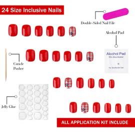 4th of July Press on Nails Short Square OFDNE Red Fake Nails Cute False Nails with Designs Blue Stars Glossy Glue on Nails Stick on Nails Acrylic Nails for Women Girls 24 Pcs
