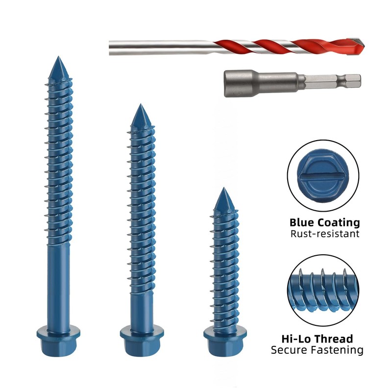 1/4" x 3" Concrete Screws, 50 PCS Blue Hex Washer
