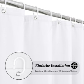 EurCross Extra-Long Shower Curtain, 220 cm Length, White, Waterproof, Washable Shower Curtain, Textile Fabric Bath Curtain, Anti-Mould, Antibacterial, 180 x 220 cm with 12 Rings