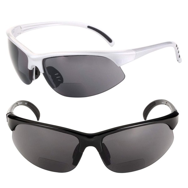 Mass Vision 2 Pair of Polarized Bifocal Sport Wrap Sunglasses for Men and Women - 2 Microfiber Carrying Cases Included (Silver/Black, 1.75, multiplier_x)