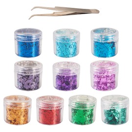 Pandahall 10 Boxes Gold Foil Flakes for Resin, 10 Colors Metallic Foil Flakes with Tweezer Gilding Flakes Gold Leaf Flakes for Nails Art Jewelry Painting Crafts