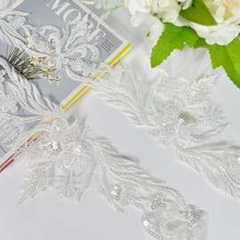 Borde de encaje bordado de 2 yardas con lentejuelas y abalorio, cinta de encaje floral para vestidos de boda, vestidos, tocados, manualidades de costura (patrón A)