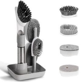 QUTHZZHY 4-in-1 Dish Cleaning Brush Soap Dispensing Dish Brush Set with 4 Replacement Heads and Storage Holder, Kitchen Scrub Brush for Dish Pot Pan Sink Cleaning (Grey)