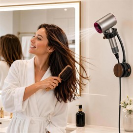 Hands Free Hair Dryer Holder Wall Mount, Reusable Suction Cup Blow Dryer Holder with 360° Rotation, Height Adjustable Design, Cord Wrap, No-Drill Bathroom Organizer for Apartments, Rentals & Dorms