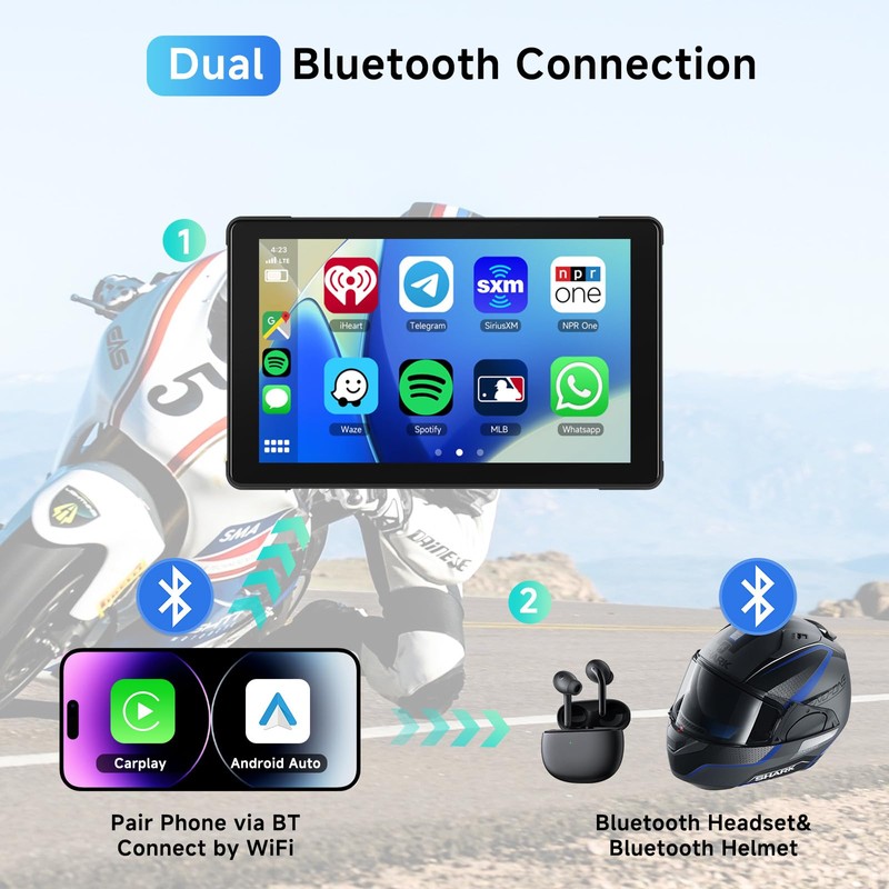 Podofo Wireless Carplay Screen 7 Inch for Motorcycle Portable CarPlay