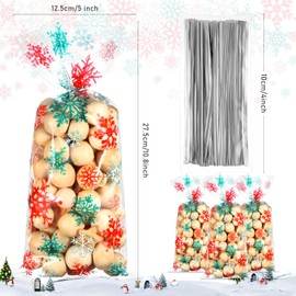 Snowflake Cello Treat Bags Christmas Xmas Party Cellophane Plastic Candy Goodie Bags with Twist Ties for Winter Holiday Wonderland Birthday Baby Shower Party Favors (Red and Green)