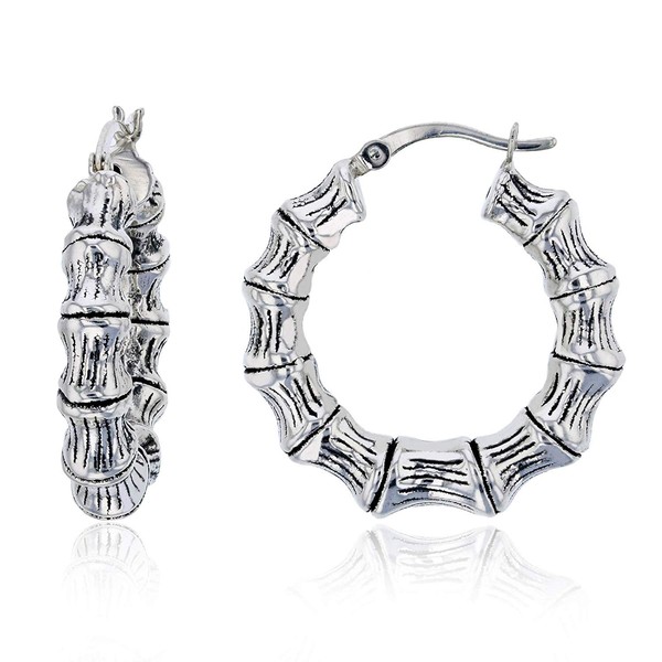 Sterling Silver Oxidized Electroformed Textured Bamboo Hoop Earrings for Women