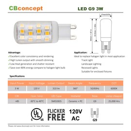 CBconcept UL-Listed, G9 LED Light Bulb, 2-Pack, 3 Watt, 310 Lumens, Not Dimmable, Pure White 6000K, 360° Beam Angle, 120 Volt, 40W Equivalent, JCD Halogen G9 Replacement Bulb [Newest Version]