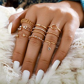 Vinzar Boho Rings Gold Rhinestones Stackable Finger Rings Set Knuckle Joint Midi Ring Jewelry Hollow Carved Vintage Hand Accessories for Women (Style1)