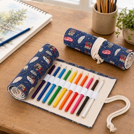12-Slot Canvas Roll Up Pencil Case with Assorted Designs - Portable Organizer for School, Art Class & Travel (case only)