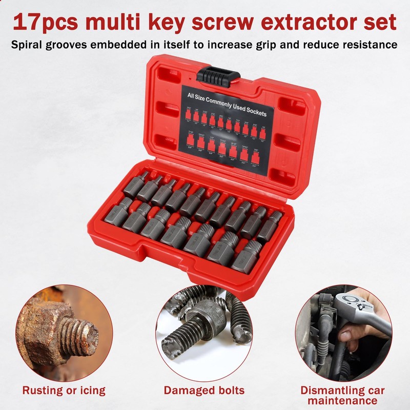 17Pcs Screw Extractor Set Hex Head Easy Out Bolt Extractor