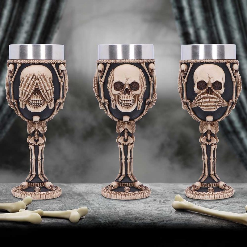 Nemesis Now Three Wise Skeleton Goblet 20cm, Resin/Stainless Steel, Bone/Black,