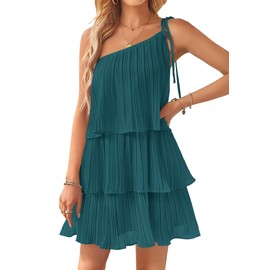 ZESICA Women's 2024 Boho Summer One Shoulder Sleeveless Ruffle Tiered Layered Chiffon Pleated A Line Flowy Mini Dress,Teal,Medium