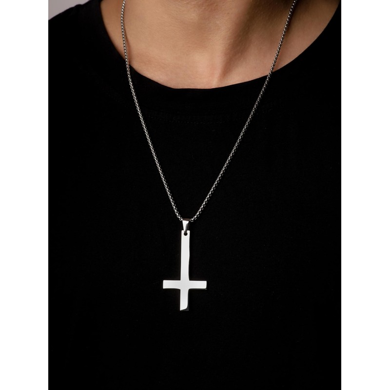 HAQUIL Inverted Cross Necklace for Men, Silver Plated Stainless Steel