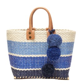 MAR Y SOL Women's Samana II Ombre Stripe Sisal Handheld Mini Tote Straw Bag w Pom Pom (Blue)