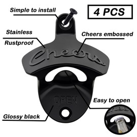 Luwanburg Cheers Beer Bottle Opener Wall Mounted Bottle Top Opener Black, Unique Beer Cap Opener Post Mounted Gift for Beer Lovers and Bar Enthusiasts (Pack of 4)