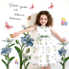 Runtoo Blue Flower Wall Stickers Lily Tulip Floral Butterfly Wall Art Decals for Living Room Bedroom Nursery Wall Decor