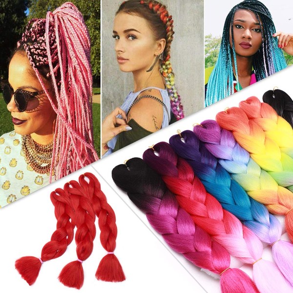 24 Inch Jumbo Braids Hair Extensions High Temperature Synthetic Hair African Rainbow Box Braiding Hair for Senegal Twist 100g/pack Red