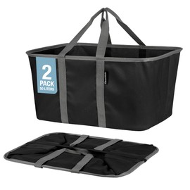 CleverMade Collapsible Laundry Tote, Midnight Black/Shadow Gray 2PK - 50L (13 Gal) Collapsible Laundry Baskets with Sturdy Pop-Up Wire Frame and Long Carry Handles - Space-Saving Collapsible Hamper