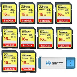 SanDisk Extreme 16 GB SD Card (10 Pack) Speed Class 10 UHS-1 U3 C10 4K HD16G SDHC Memory Cards for Compatible Digital Camera, Computer, Trail Cameras